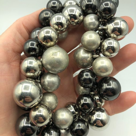 RETRO Silver Tone & Dark Grey Faux Pearl Charm Bead Necklace Festival Party - Picture 11 of 15